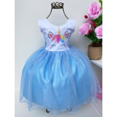 Vestido Infantil Unicórnio Branco e Azul Luxo Princesas