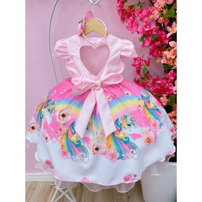Vestido Infantil Unicórnio Rosa Acompanha a Tiara
