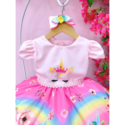 Vestido Infantil Unicórnio Rosa Acompanha a Tiara