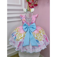 Vestido Infantil Unicórnio Rosa Com Cinto de Pérolas Festas