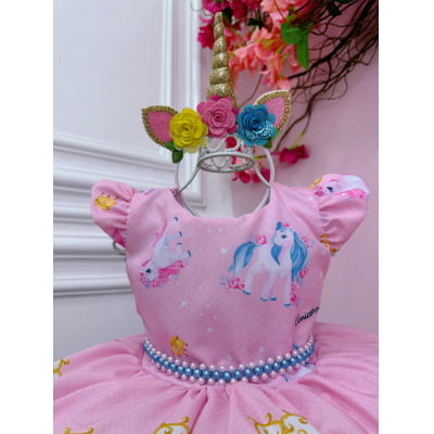 Vestido Infantil Unicórnio Rosa Com Cinto de Pérolas Festas