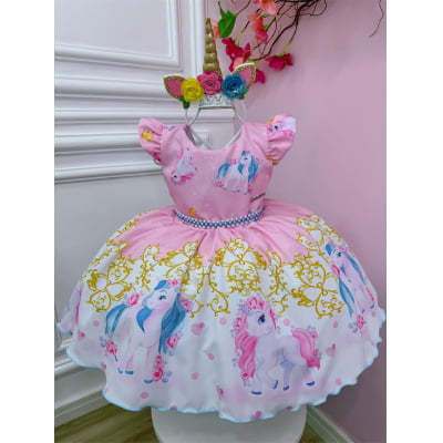 Vestido Infantil Unicórnio Rosa Com Cinto de Pérolas Festas
