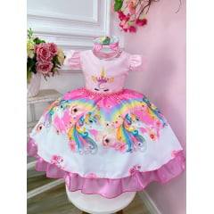 Vestido Infantil Unicórnio Rosa e Acompanha a Tiara Festas