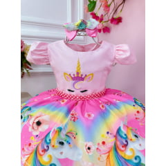 Vestido Infantil Unicórnio Rosa e Acompanha a Tiara Festas