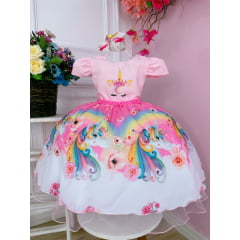 Vestido Infantil Unicórnio Rosa e Acompanha a Tiara Luxo