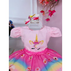 Vestido Infantil Unicórnio Rosa e Acompanha a Tiara Luxo