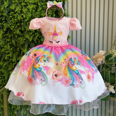 Vestido Infantil Unicórnio Rosa e Acompanha a Tiara Luxo Vestido Infantil Unicórnio Rosa e Acompanha a Tiara Luxo