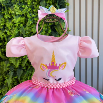 Vestido Infantil Unicórnio Rosa e Acompanha a Tiara Luxo