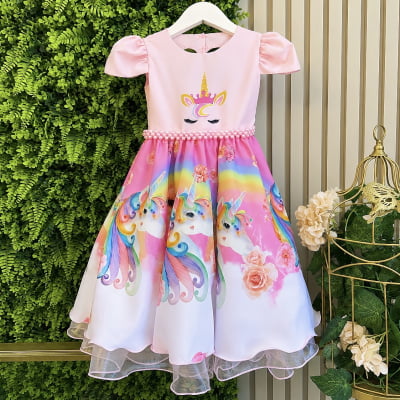 Vestido Infantil Unicórnio Rosa e Acompanha a Tiara Luxo