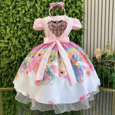 Vestido Infantil Unicórnio Rosa e Acompanha a Tiara Luxo