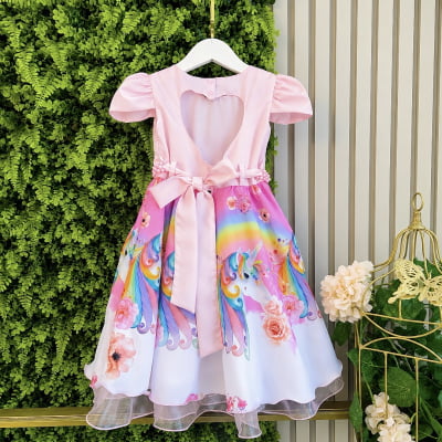 Vestido Infantil Unicórnio Rosa e Acompanha a Tiara Luxo