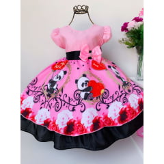 Vestido Infantil Urso Coração Rosa Floral Luxo Laço Preto
