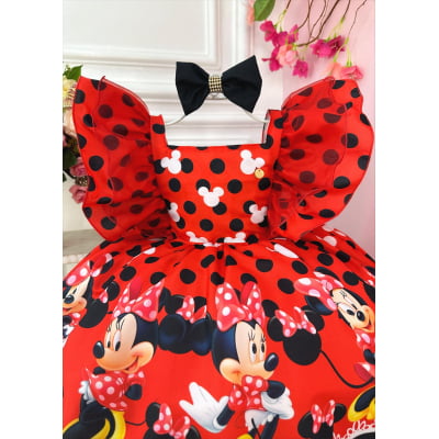 Vestido Infantil Vermelha Minnie Bolinhas Pretas C/ Laço Luxo