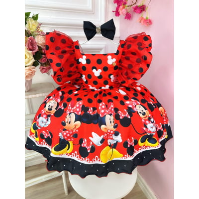 Vestido Infantil Vermelha Minnie Bolinhas Pretas C/ Laço Luxo Vestido Infantil Vermelha Minnie Bolinhas Pretas C/ Laço Luxo