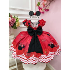 Vestido Infantil Vermelho Festa da Minnie C/ Broche Luxo