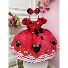 Vestido Infantil Vermelho Festa da Minnie C/ Broche Luxo