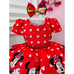 Vestido Infantil Vermelho Minnie C/ Laço e Busto Strass Luxo