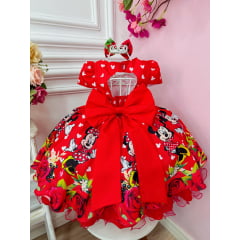 Vestido Infantil Vermelho Minnie C/ Laço e Busto Strass Luxo