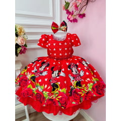 Vestido Infantil Vermelho Minnie C/ Laço e Busto Strass Luxo