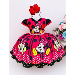 Vestido Infantil Vermelho Minnie com Cinto Pérolas Festas