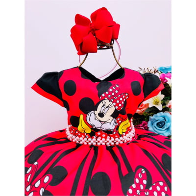 Vestido Infantil Vermelho Minnie com Cinto Pérolas Festas