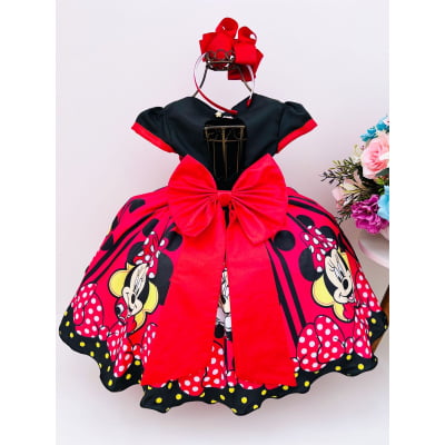 Vestido Infantil Vermelho Minnie com Cinto Pérolas Festas