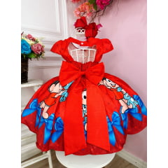 Vestido Infantil Vermelho Mônica e Cascão Cinto de Pérolas