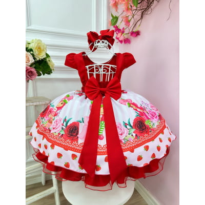 Vestido Infantil Vermelho Moranguinho Festas Luxo