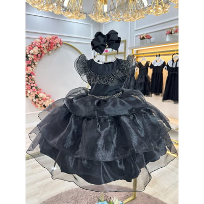 Vestido Infantil Wandinha Preto Com Cinto de Strass Luxo