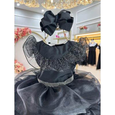 Vestido Infantil Wandinha Preto Com Cinto de Strass Luxo