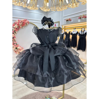 Vestido Infantil Wandinha Preto Com Cinto de Strass Luxo