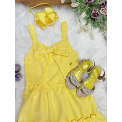 Vestido de Alça Infantil Amarelo Casual Festas Luxo
