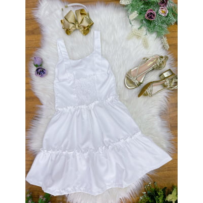 Vestido de Alça Infantil Branco Casual Festas Luxo