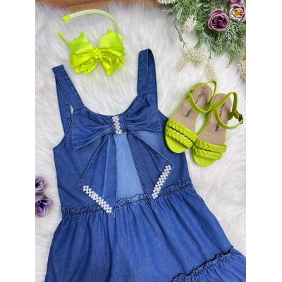 Vestido de Alça Infantil Jeans Azul Casual Festas Luxo