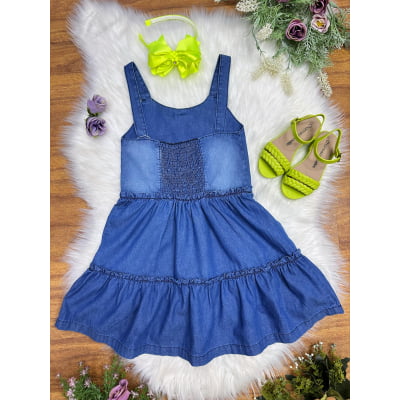Vestido de Alça Infantil Jeans Azul Casual Festas Luxo