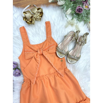 Vestido de Alça Infantil Laranja Casual Festas Luxo