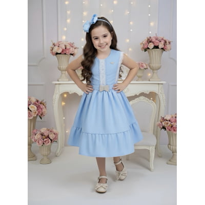 Vestido Infantil Azul Claro C/ Guipir Cinto Broche Festas Vestido Infantil Azul Claro C/ Guipir Cinto Broche Festas