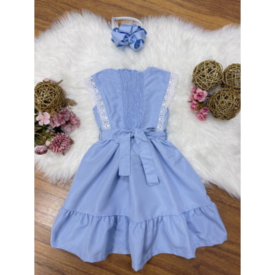 Vestido Infantil Azul Claro C/ Guipir Cinto Broche Festas