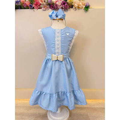 Vestido Infantil Azul Claro C/ Guipir Cinto Broche Festas