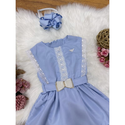 Vestido Infantil Azul Claro C/ Guipir Cinto Broche Festas
