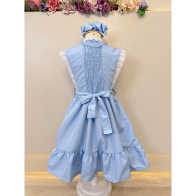 Vestido Infantil Azul Claro C/ Guipir Cinto Broche Festas
