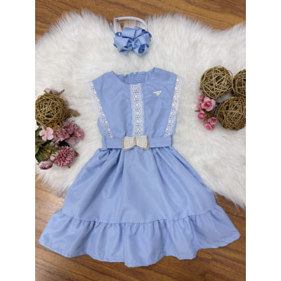 Vestido Infantil Azul Claro C/ Guipir Cinto Broche Festas