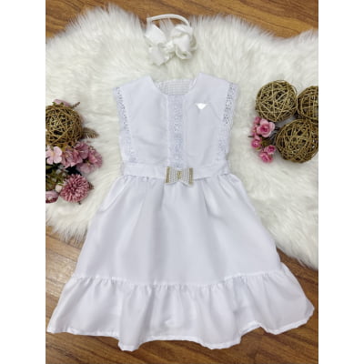 Vestido Infantil Branco com Guipir e Cinto Broche Festas
