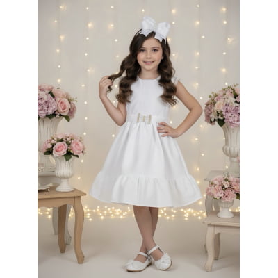Vestido Infantil Branco com Guipir e Cinto Broche Festas Vestido Infantil Branco com Guipir e Cinto Broche Festas