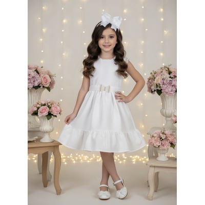 Vestido Infantil Branco com Guipir e Cinto Broche Festas