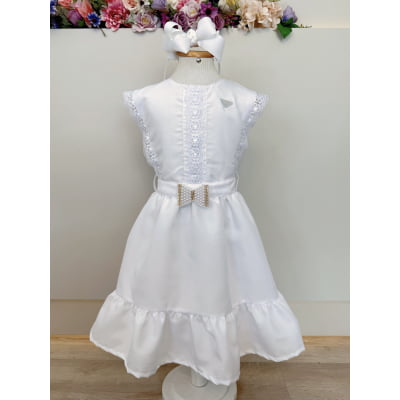 Vestido Infantil Branco com Guipir e Cinto Broche Festas