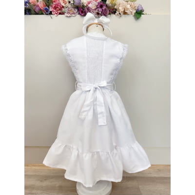 Vestido Infantil Branco com Guipir e Cinto Broche Festas