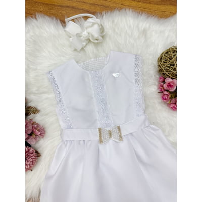 Vestido Infantil Branco com Guipir e Cinto Broche Festas