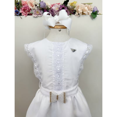 Vestido Infantil Branco com Guipir e Cinto Broche Festas