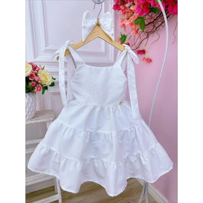 Vestido infantil Branco Strass no Busto e Laço Damas Festas